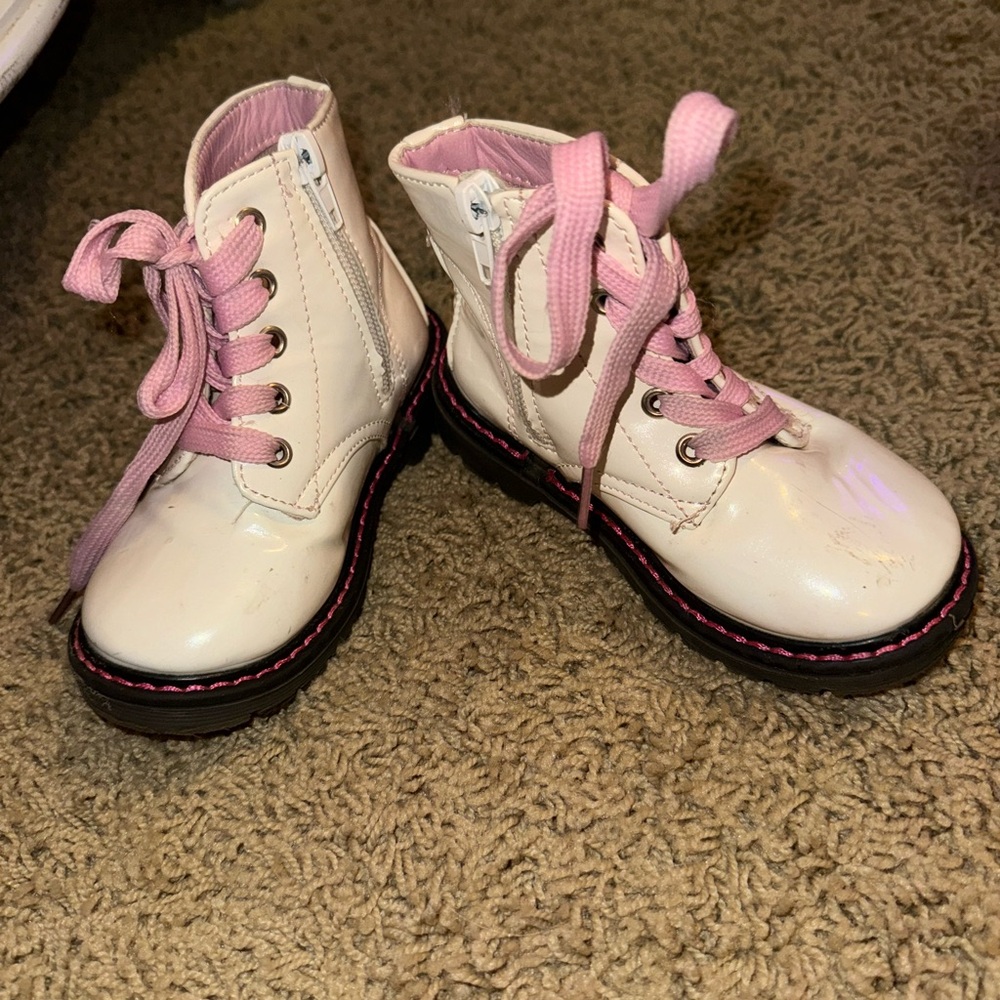 Kids White and Pink Lace-Up Boots